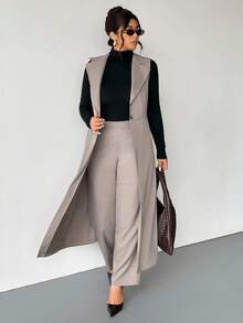 Firerie Plus Size Women Long Sleeveless Blazer Suit In Spring - Khaki - View 3