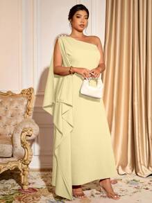 Cravure Váy maxi xếp nếp một bên vai phong cách nghỉ dưỡng tối giản màu trơn cỡ lớn dành cho nữ - Màu vàng - Xem 1