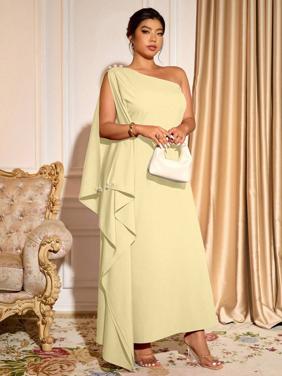 Cravure Váy maxi xếp nếp một bên vai phong cách nghỉ dưỡng tối giản màu trơn cỡ lớn dành cho nữ - Màu vàng - Xem 1