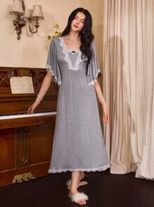 SHEIN 女式蕾丝边拼布喇叭袖针织休闲睡袍