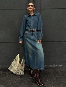 DAZY 女士休闲水洗长款牛仔连衣裙 - 藍色 - 查看 5