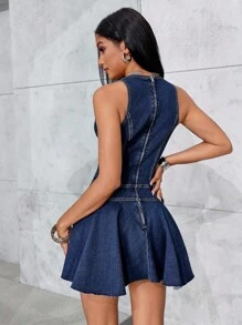 SHEIN Unity Women's Casual Street Chic Waist Cinched Flowy Hem Bustier Denim Dress, Summer Y2k - Medium Wash - View 2