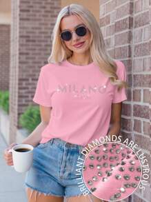 SHEIN Unity 女款 MILANO ITALY 字母印花 T 恤短袖休闲上衣 MILAN ITALY 图案 T 恤女款上衣