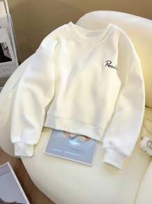 SHEIN Casual Versatile Letter Embroidered Crew Neck Long Sleeve Sweatshirt Pullover Fall - White - View 3