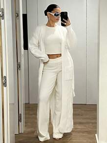 SHEIN ICON Cardigan casual de cor sólida, comprimento longo, bainha aberta e cinto, outono/inverno - Branco - Ver 1