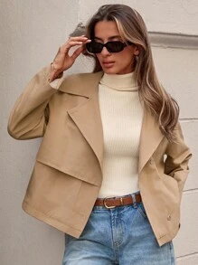 EURMUSE Women's Solid Button Front Casual Short Winter Coat - Beige - View 3