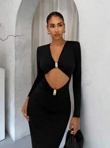 SHEIN SXY Elegant Sexy Black Hollow Metal Decor Dress,Party Dress, Elegant Dresses For Party,Wedding Guest Dress,Formal Dress , Chic Autumn, Chic ,Club Outfits Women Sexy,Winter Dress Women,Black,Party Dresses For Women