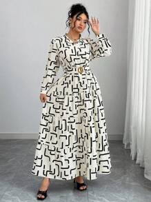 Flirla Damen Große Größen Geometrisches Muster Langarm Rüschen Saum Lässig Hemdkleid - Aprikosenfarben - Übersicht 4