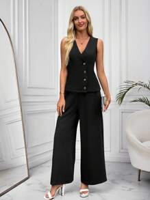EMERY ROSE Conjunto casual de mujer con chaleco sin mangas con botones y cuello en V y pantalones de pierna ancha con bolsillos con abertura