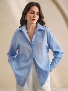 Anewsta Women's New Striped Long Sleeve Elegant Blouse Shirt - Blue - View 2