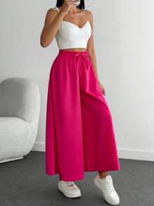 EURMUSE Casual Versatile Solid Color High Waist Wide Leg Pants - Pink - View 4