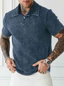 Manfinity Homme 男士水洗休闲纹理夏季短袖 Polo 衫 - 藍色 - 查看 3