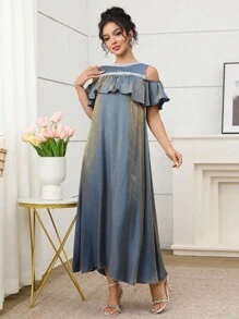 Yasmyna Women's Off-Shoulder Ruffle Trim Round Neck Fashion Summer Arabic Style Dress - Blue - View 5