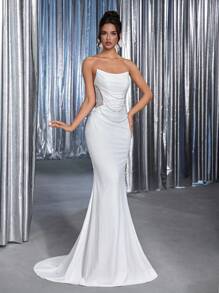 Glamrae Elegante Top Estilo Vintage Branca com Decoração de Pérolas Pregueadas, Amarração Ajustável nas Costas, Saia de Bainha de Sereia com Bordado de Pérolas Luxuoso, Adequado para Várias Ocasiões Formais como Casamentos (Bordado Pesado) - Bege - Visão 6