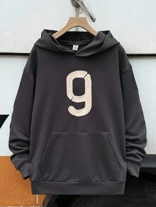 SHEIN Teen Boy Black Autumn Streetwear Graduation Numeric & Text Graphic Comfortable Pullover Sweatshirt, Casual School Sports Fall/Winter Solid Sweatshirt - Black - View 4