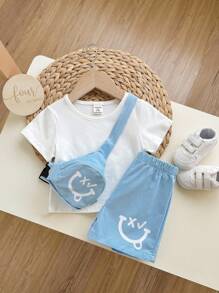 Baby Boy Unisex Round Neck Plain T-Shirt, Cartoon Pattern Backpack And Shorts 3pcs/Set - Blue and White - View 4