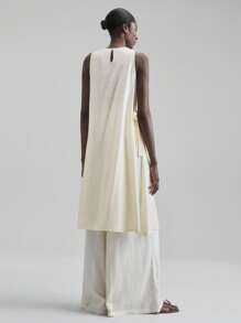 Ontre Áo midi cổ tròn không tay bằng vải lanh pha len dành cho nữ, xẻ cao, dáng rộng, thời trang, thích hợp mặc vào mùa xuân/hè, mặc hàng ngày, màu mơ - Màu be - Xem 4