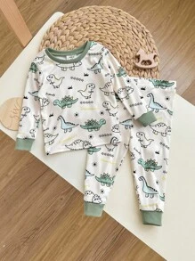 2 件装幼儿男宝宝可爱恐龙印花贴身长袖衬衫和裤子柔软舒适睡衣套装