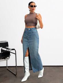 EURMUSE Women's High Waist Pocketed Slit Hem Long Denim Skirt Jean Skirt With Slit Jean Skirt Y2k Long Jean Skirt Split Denim Skirt - Medium Wash - View 6