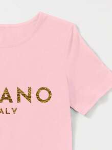 Robe d'été à col rond et manches courtes avec motif lettrage pour femme - Rose pâle - Voir 3