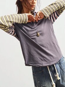 Bohemela 秋冬波西米亚风休闲针织拼布条纹V领长袖宽松女式T恤 - 深灰色 - 查看 5