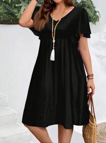 EMERY ROSE Music Festival Casual Minimalist Solid Color Loose Dress, Suitable For Plus Size, Summer Suitable For Going Out - Black - View 4