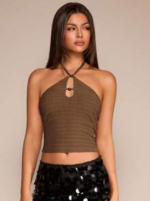 Glamine 棕色无袖针织吊带背心，带有木珠纹理，性感优雅的女士背心 - 卡其色 - 查看 7