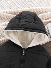 年轻女孩冬季新款黑色拉链连帽保暖内衬加厚真口袋休闲经典棉服外套，秋冬 - 黑色 - 查看 6