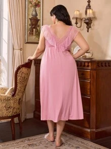 Plus Size Elegant Lace Patchwork Loose Casual French Style Nightgown - Pink - View 2