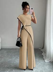 Elenzga 女士优雅通勤撞色修身连体裤 - 卡其色 - 查看 3