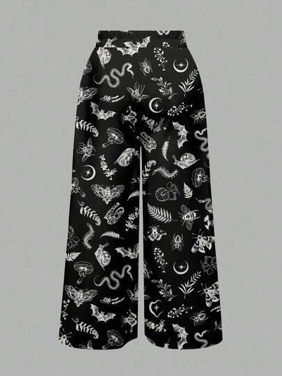Goth Pantalon noir grande taille style gothique, sorcière sombre, hippie, avec motifs de lune, étoile, serpent, champignon, papillon