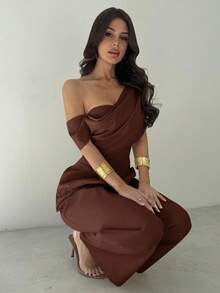 Firerie 女士优雅杏色连体裤，端庄不对称领口垂坠露肩连体裤，阔腿连体裤，舒适无袖连体裤，适合春夏秋冬，沙滩装，机场装，度假装，教师装 - 咖啡棕 - 查看 5