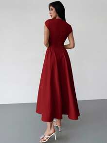 Firerie 女士优雅日常时尚新款度假喇叭腰 A 字中长连衣裙，黄色 - 酒紅色 - 查看 3