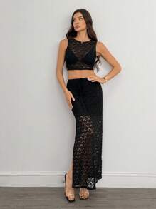 SHEIN Tall Women's Vacation Knit Crochet Vest And Split Hem Skirt Set, Bohemian Style For Music Festival - Black - View 3