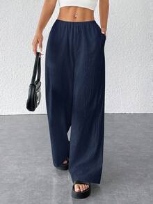 SHEIN PETITE 女士纹理简约宽松阔腿裤 - 藏蓝色 - 查看 5