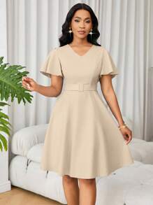 Eryvara 女士优雅纯色A字连衣裙，夏季 - 卡其色 - 查看 4