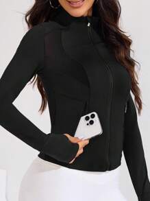 Easithlete 纯色前拉链修身透气运动夹克 - 黑色 - 查看 4