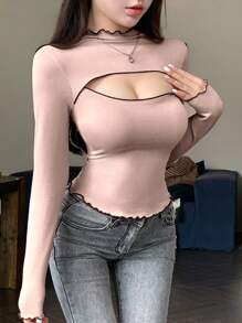 DAZY Maglietta elegante e casual da donna con collo alto, maniche lunghe, decorazione a righe e dettagli traforati