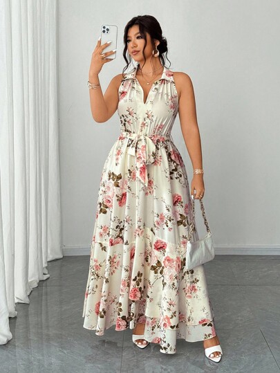 Elenzga Vestido largo con escote en V con estampado floral romántico y elegante para mujer de talla grande