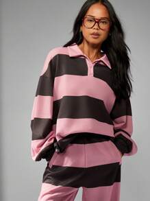 MISSGUIDED 超大号橄榄球两件套阔腿裤休闲运动复古条纹翻领舒适家居服秋冬校园时尚 - 彩色 - 查看 3