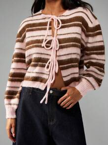 MISSGUIDED Cardigan lasco con fiocco frontale a righe, maglione in maglia soffice per l'autunno/inverno, aperto davanti, con chiusura a nastro, capo di moda autunnale di - Multicolore - Visualizzare 4