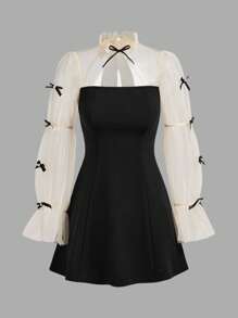 SHEIN Tween Girl Elegant Commuter School V-Neck Tie Sleeve Puff Sleeve Bow A-Line Black & White Color Block Dress, Back To School Fall Winter - Black - View 2