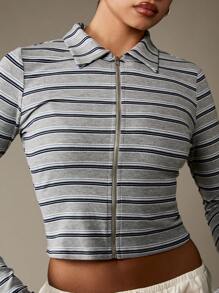 MISSGUIDED Ribbed Knit Zip Through Cardigan Crop Top Collared Long Sleeve Autumn Winter Retro Striped Fashion Preppy Style Y2K Modern Basic Essential - Grey - View 5