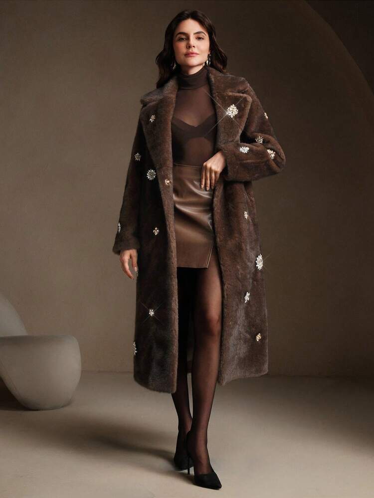 Abrigo largo de piel sintética con strass hecho a mano, adecuado para otoño, invierno, salir, elegante, formal, fiesta, chic, Año Nuevo, abrigo de invierno para mujer, Navidad, trabajo, graduación, boda