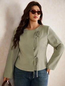 Elaquor 大码女式纯色长袖前系带休闲夹克 - 軍綠色 - 查看 2