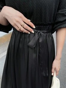 FRIFUL Women's Mock Neck Knit Patchwork Chiffon Loose High Waist Dress - Black - View 7