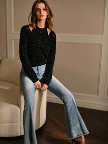 MOTF PREMIUM Conjunto de top de punto sin mangas con escote halter con lentejuelas y suéter corto de manga larga con twist - Negro - Ver 7