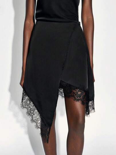 Maija 女士黑色不对称撞色蕾丝下摆优雅浪漫修身不对称撞色蕾丝高开衩裙，松紧腰A字裙，优雅复古的邮轮礼服，适合婚礼宾客、现代都市休闲时尚商务休闲女性办公室穿着