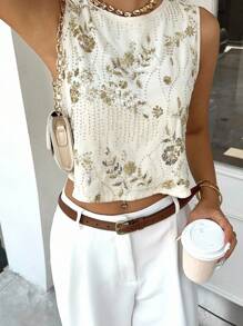 SHEIN Essnce Siren Gaze 女士亮片刺绣圆领无袖宽松背心，性感亮片露背吊带衫，新款串珠上衣，圆领上衣，女士沙滩装，奶油黄上衣，海岛度假装，优雅女士露背亮片上衣，演唱会装，狂欢节装，伊比沙岛装，串珠上衣，女士西部性感可爱无袖上衣 - 杏色 - 查看 6