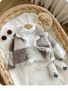 Newborn Baby Boy/Girl Retro Warm Plaid Thermal Lined Lapel Long Sleeve Jacket, Cozy Soft All-Match Versatile For Indoor & Outdoor, Autumn/Winter